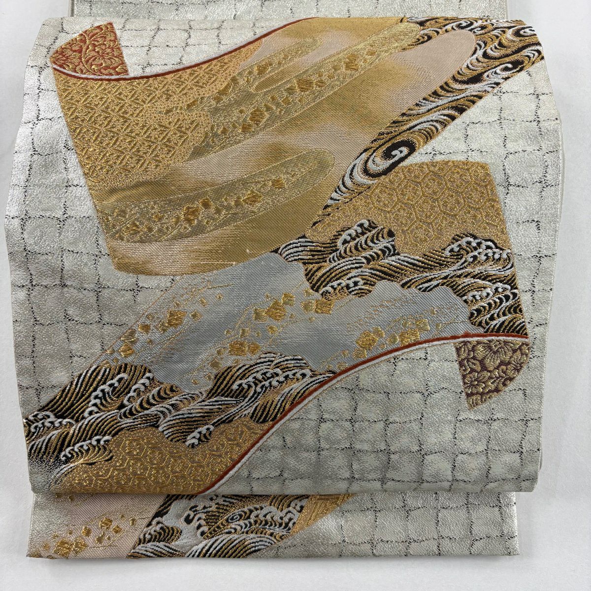 【美品】 袋帶 名品級 加納幸 落款 波 ヱ霞 金金箔 金絲 灰白 お太鼓圖案 純蠶絲