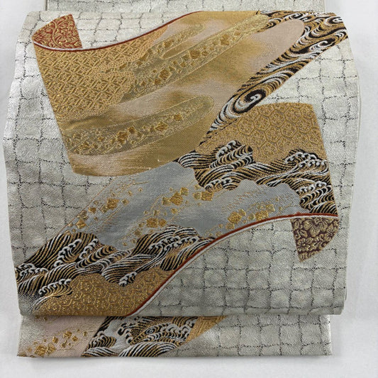 【美品】 袋帶 名品級 加納幸 落款 波 ヱ霞 金金箔 金絲 灰白 お太鼓圖案 純蠶絲