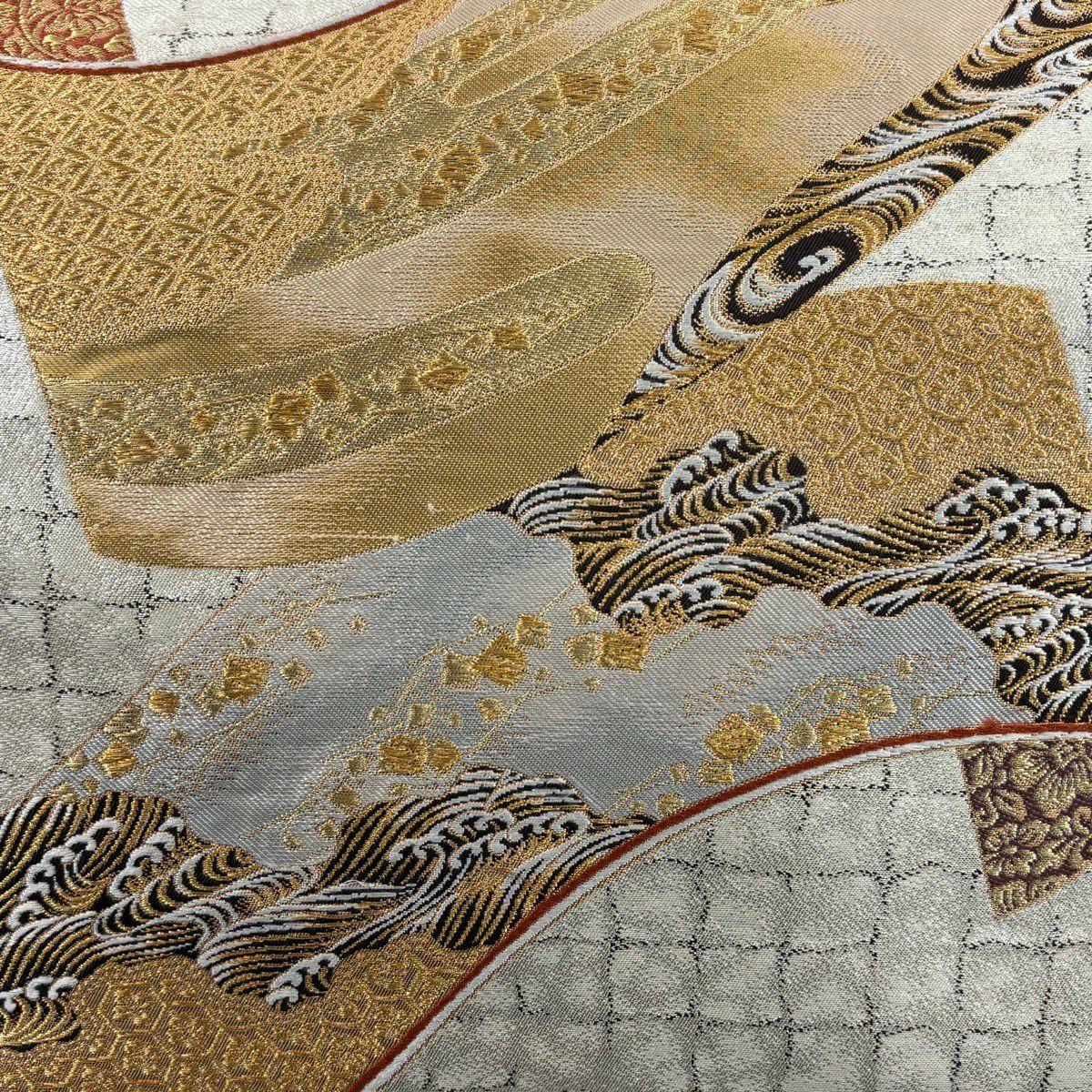 【美品】 袋帶 名品級 加納幸 落款 波 ヱ霞 金金箔 金絲 灰白 お太鼓圖案 純蠶絲