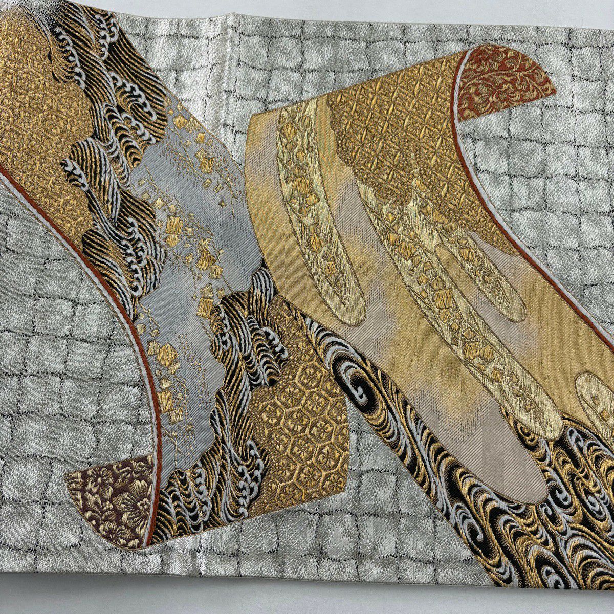 【美品】 袋帶 名品級 加納幸 落款 波 ヱ霞 金金箔 金絲 灰白 お太鼓圖案 純蠶絲