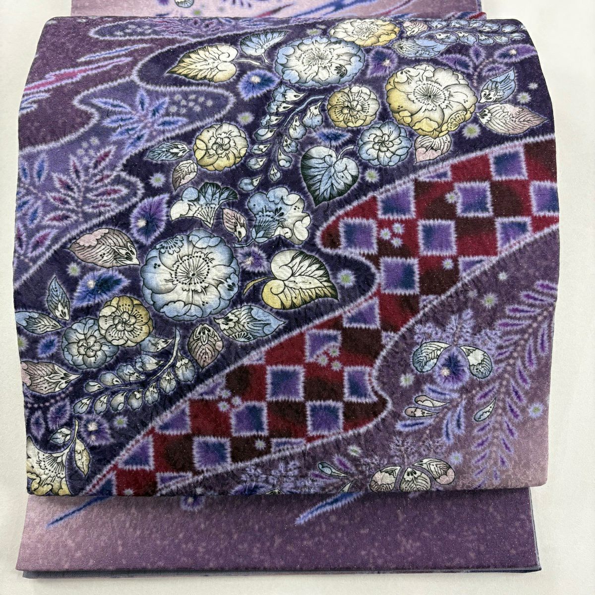【美品】 袋帶 名品級 辻花染 霞 金金箔 紫 お太鼓圖案 純蠶絲