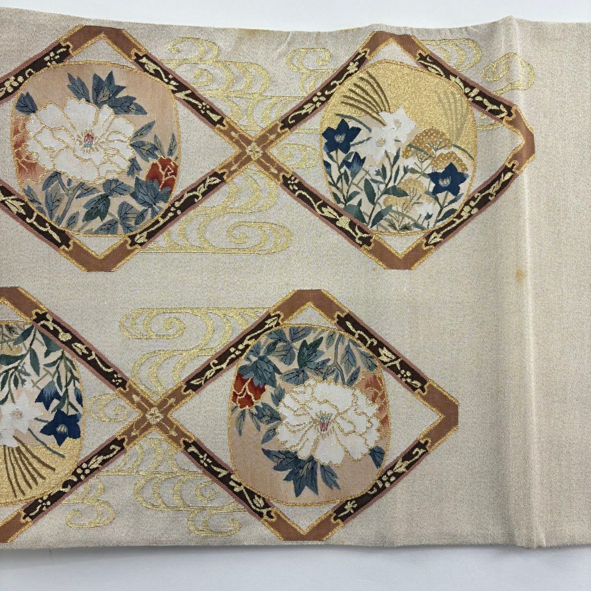 袋帶 名品級 菱天井 草花紋 金絲 金通し 米色 お太鼓圖案 純蠶絲
