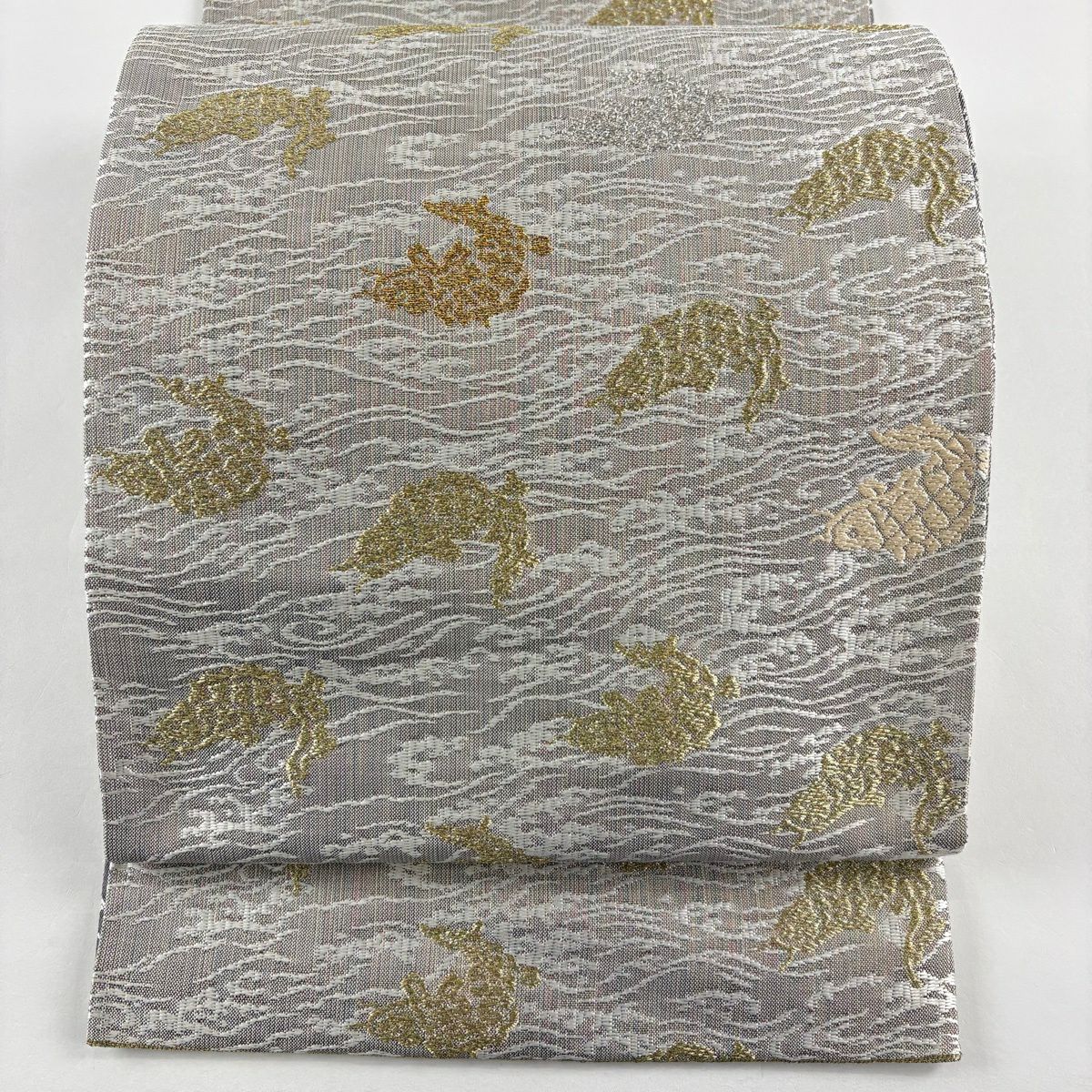 【美品】 袋帶 名品級 荒磯 金糸 灰茶 六通 純蠶絲