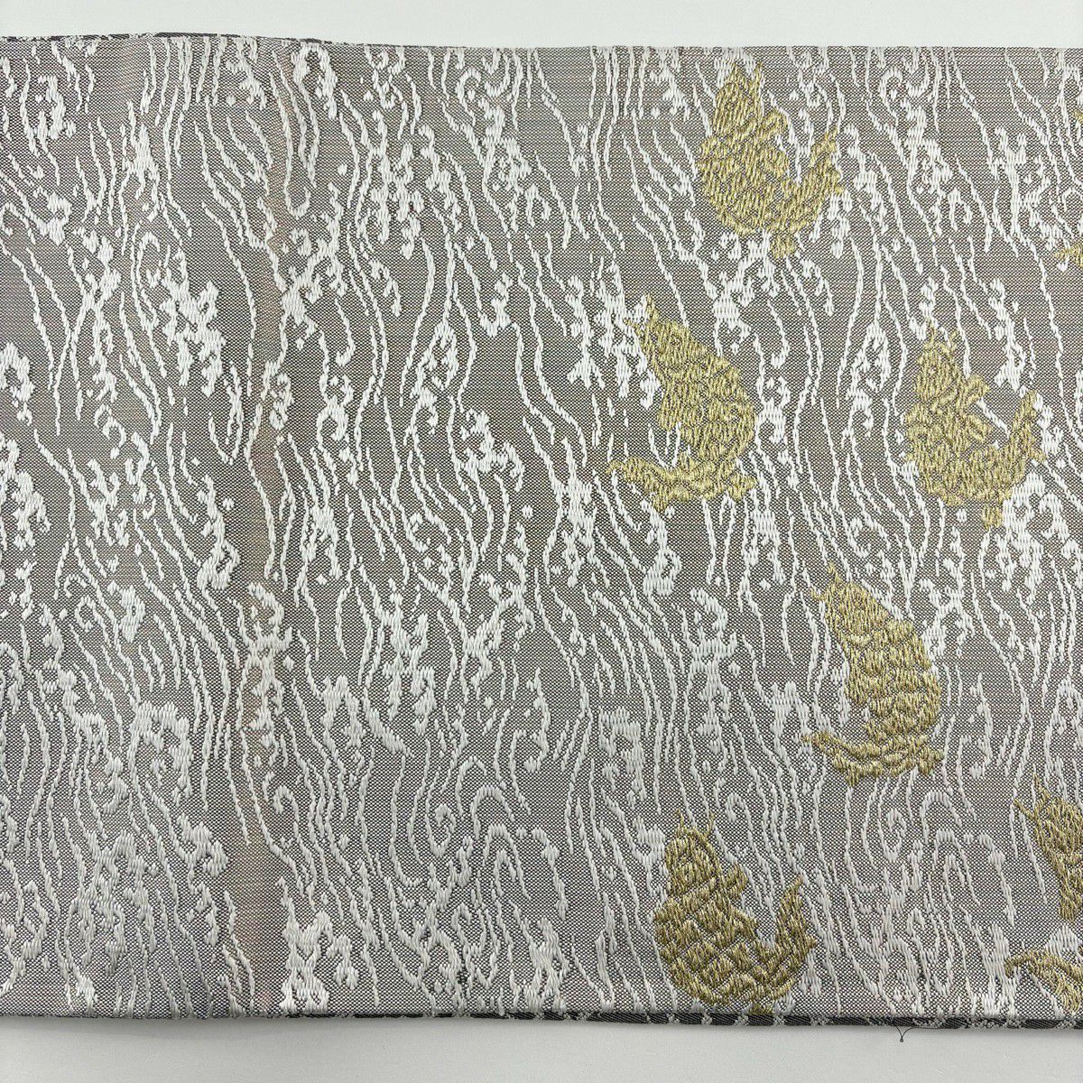 【美品】 袋帶 名品級 荒磯 金糸 灰茶 六通 純蠶絲