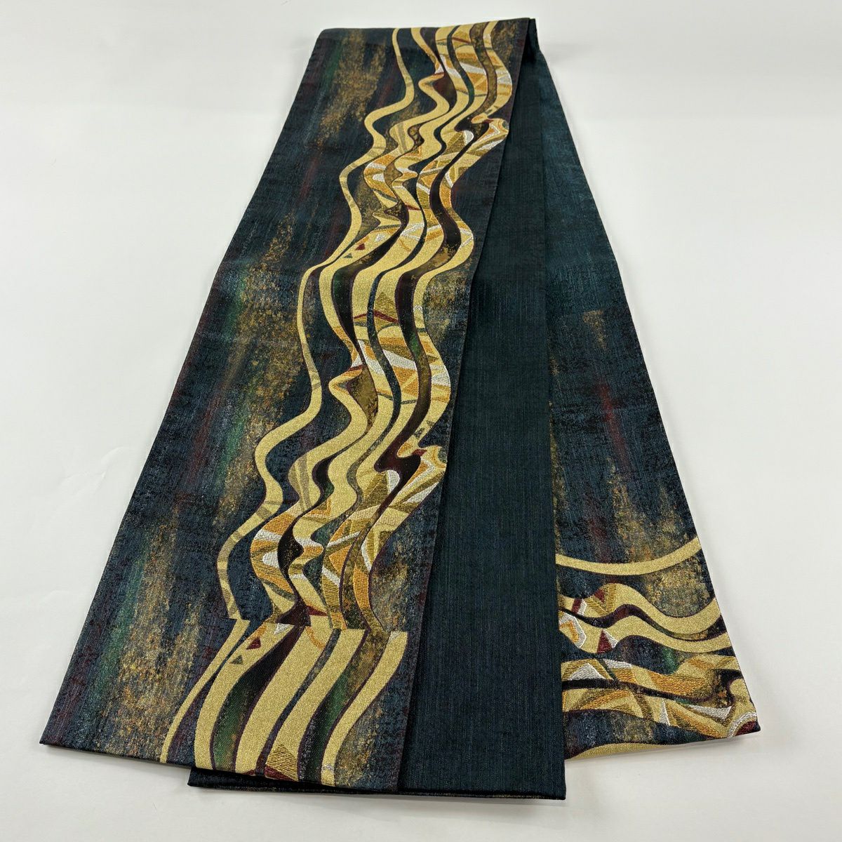 【美品】 袋帶 名品級 幾何學 金銀彩 金金箔 青綠 大鼓圖案 純蠶絲