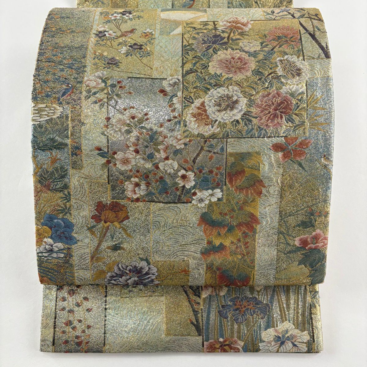 【美品】 袋帶 名品級 草花紋 鳥 金金箔 金色 大鼓圖案 純蠶絲