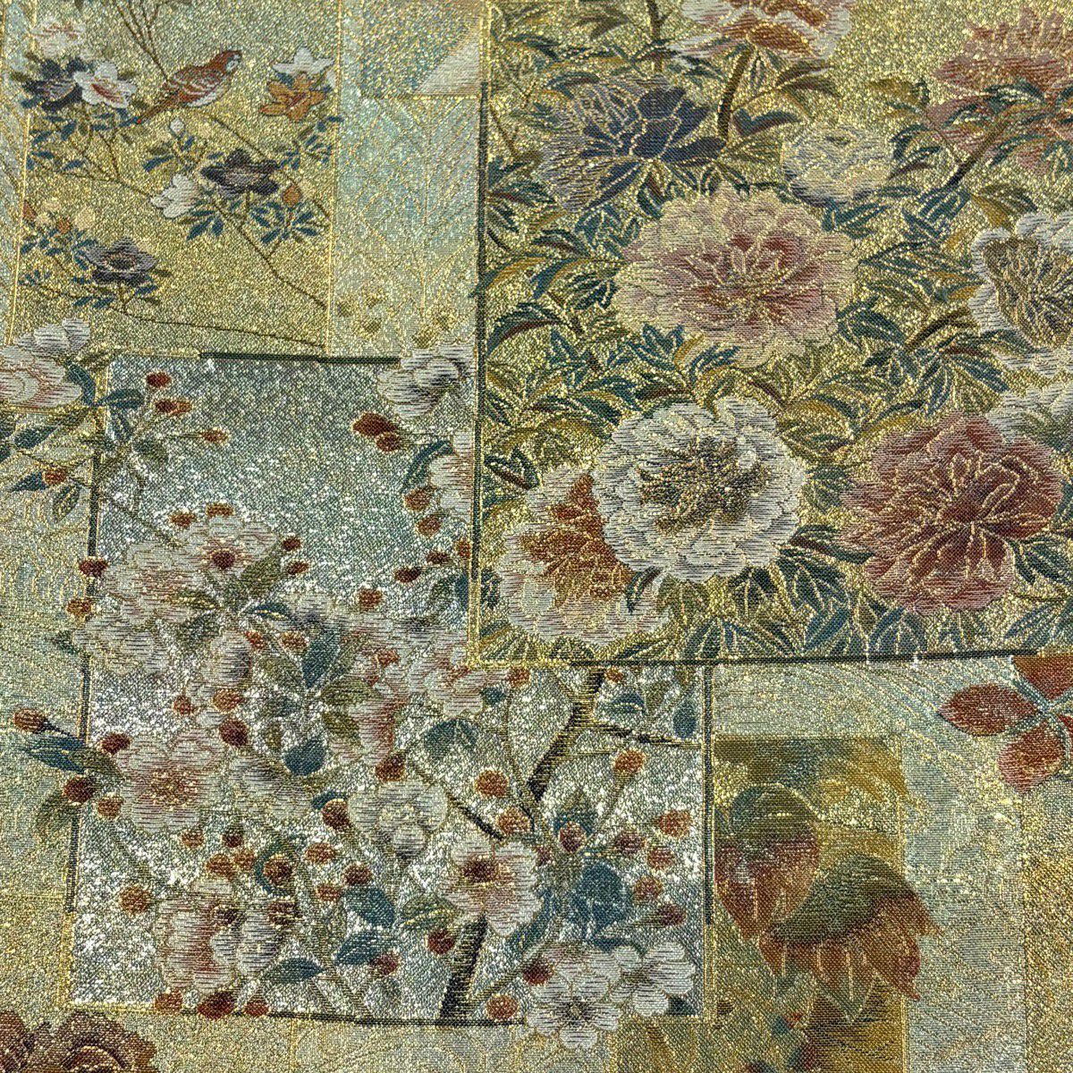 【美品】 袋帶 名品級 草花紋 鳥 金金箔 金色 大鼓圖案 純蠶絲