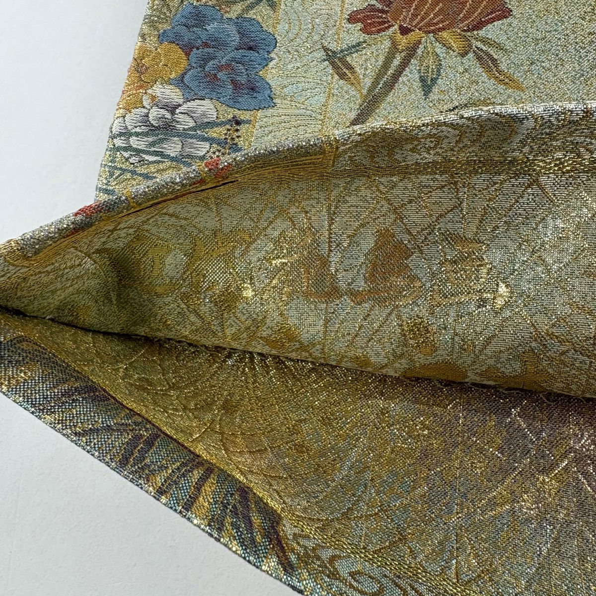 【美品】 袋帶 名品級 草花紋 鳥 金金箔 金色 大鼓圖案 純蠶絲