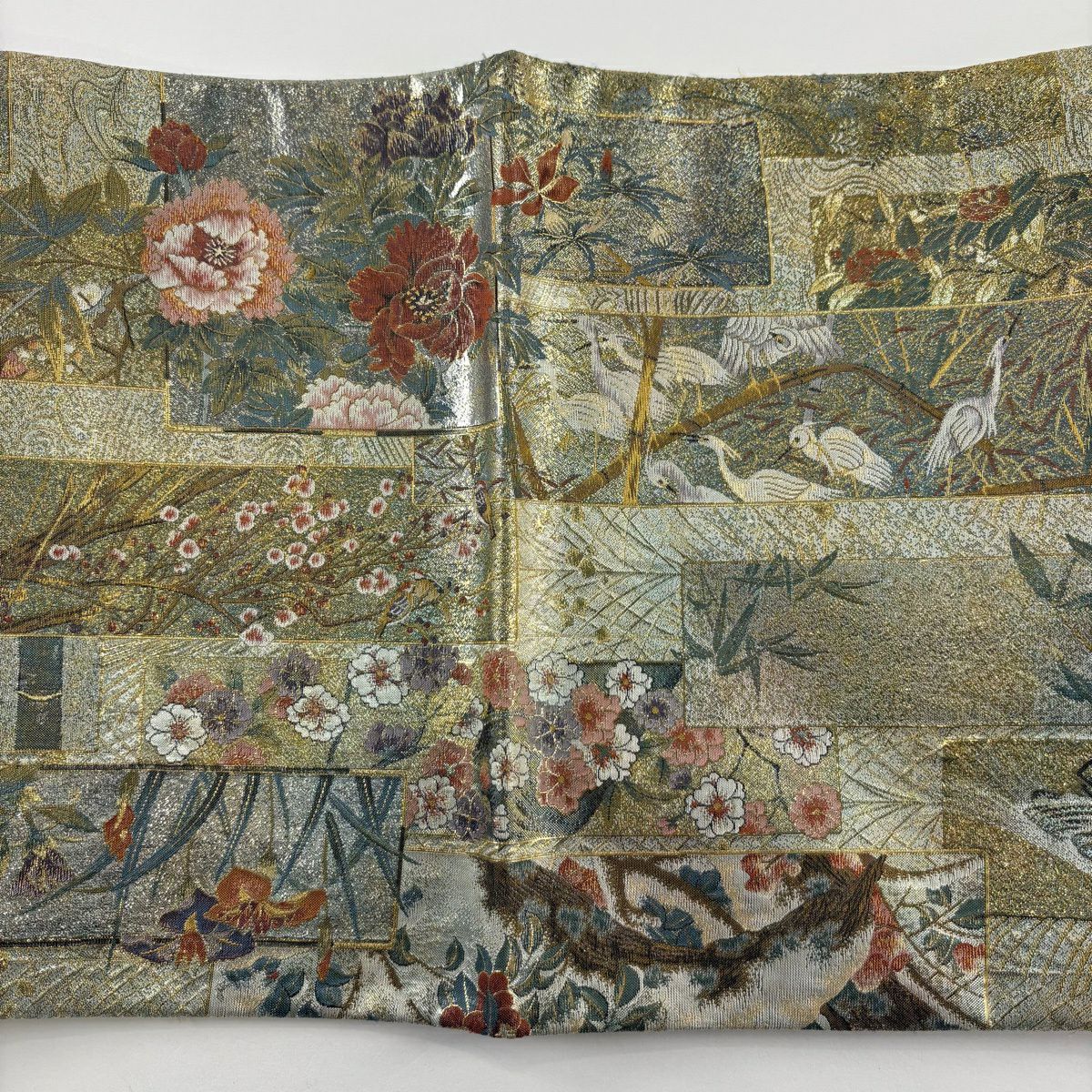 【美品】 袋帶 名品級 草花紋 鳥 金金箔 金色 大鼓圖案 純蠶絲