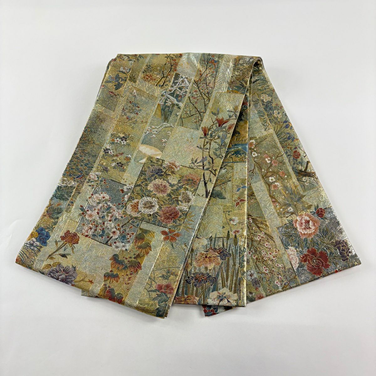 【美品】 袋帶 名品級 草花紋 鳥 金金箔 金色 大鼓圖案 純蠶絲