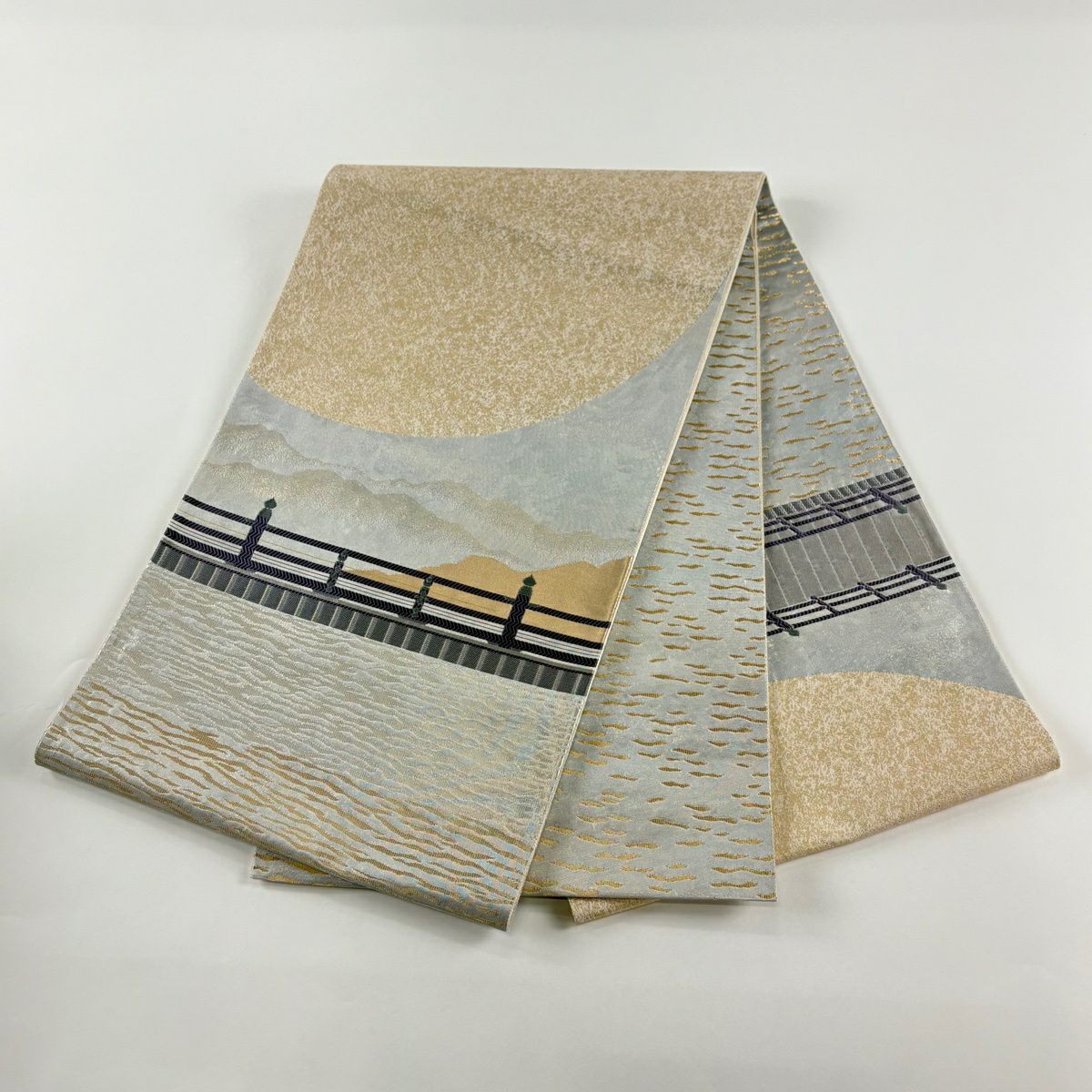 【美品】 袋帶 名品級 じゅらく 落款あり 三條大橋 金銀絲 金金箔 青灰 深藍色 お太鼓圖案 純蠶絲