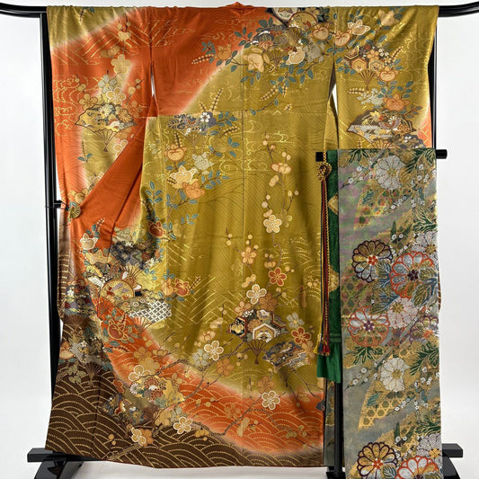 【美品】振袖禮服 身長161cm 袖長66cm M 雙層 袋帶全套 扇子子 橘子 金絲 金銀彩 黃土 純蠶絲 優品級