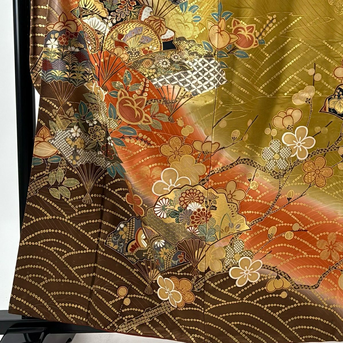 【美品】振袖禮服 身長161cm 袖長66cm M 雙層 袋帶全套 扇子子 橘子 金絲 金銀彩 黃土 純蠶絲 優品級