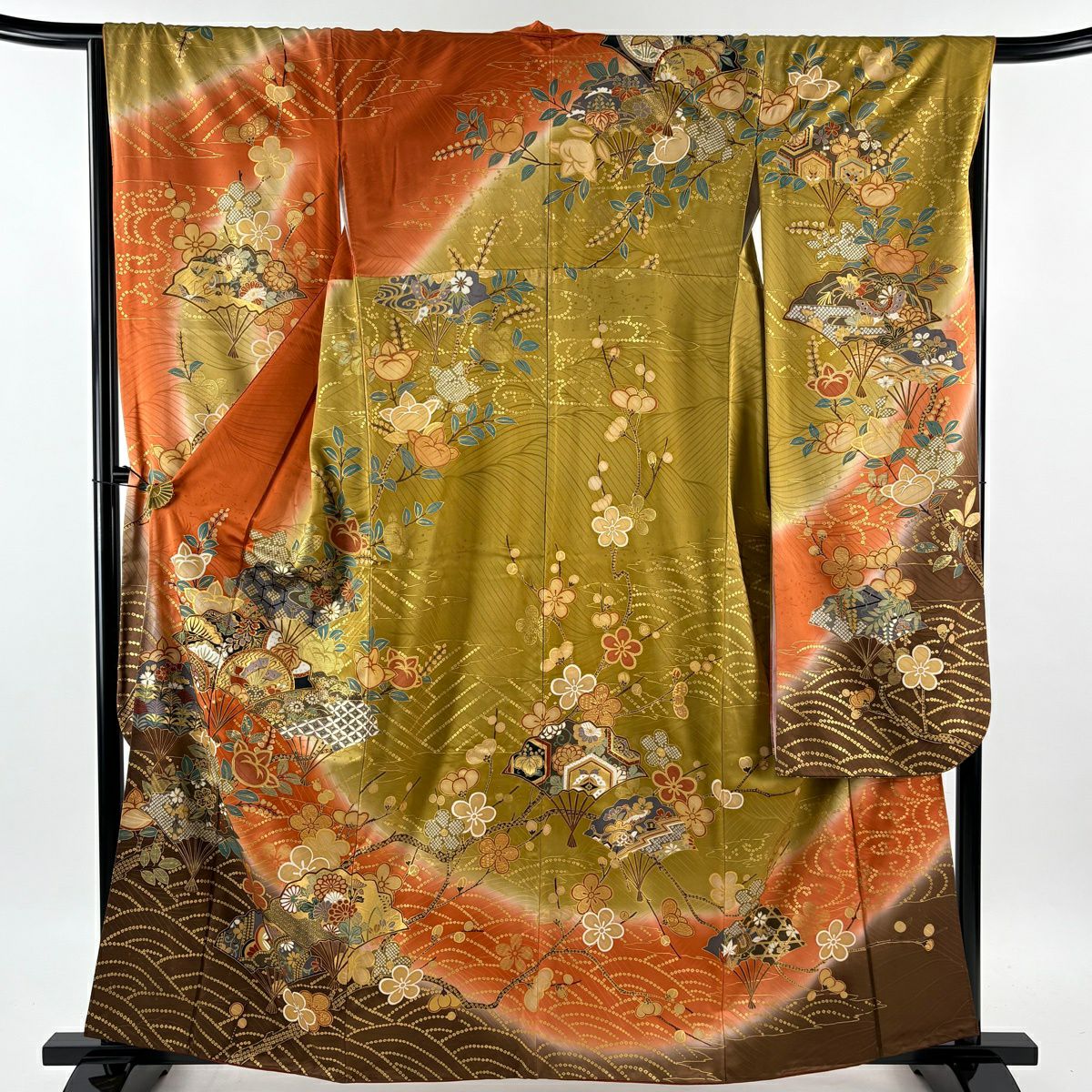 【美品】振袖禮服 身長161cm 袖長66cm M 雙層 袋帶全套 扇子子 橘子 金絲 金銀彩 黃土 純蠶絲 優品級