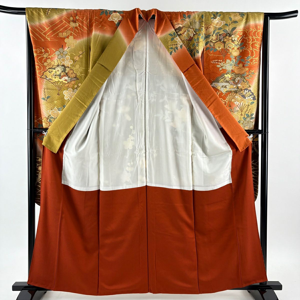 【美品】振袖禮服 身長161cm 袖長66cm M 雙層 袋帶全套 扇子子 橘子 金絲 金銀彩 黃土 純蠶絲 優品級