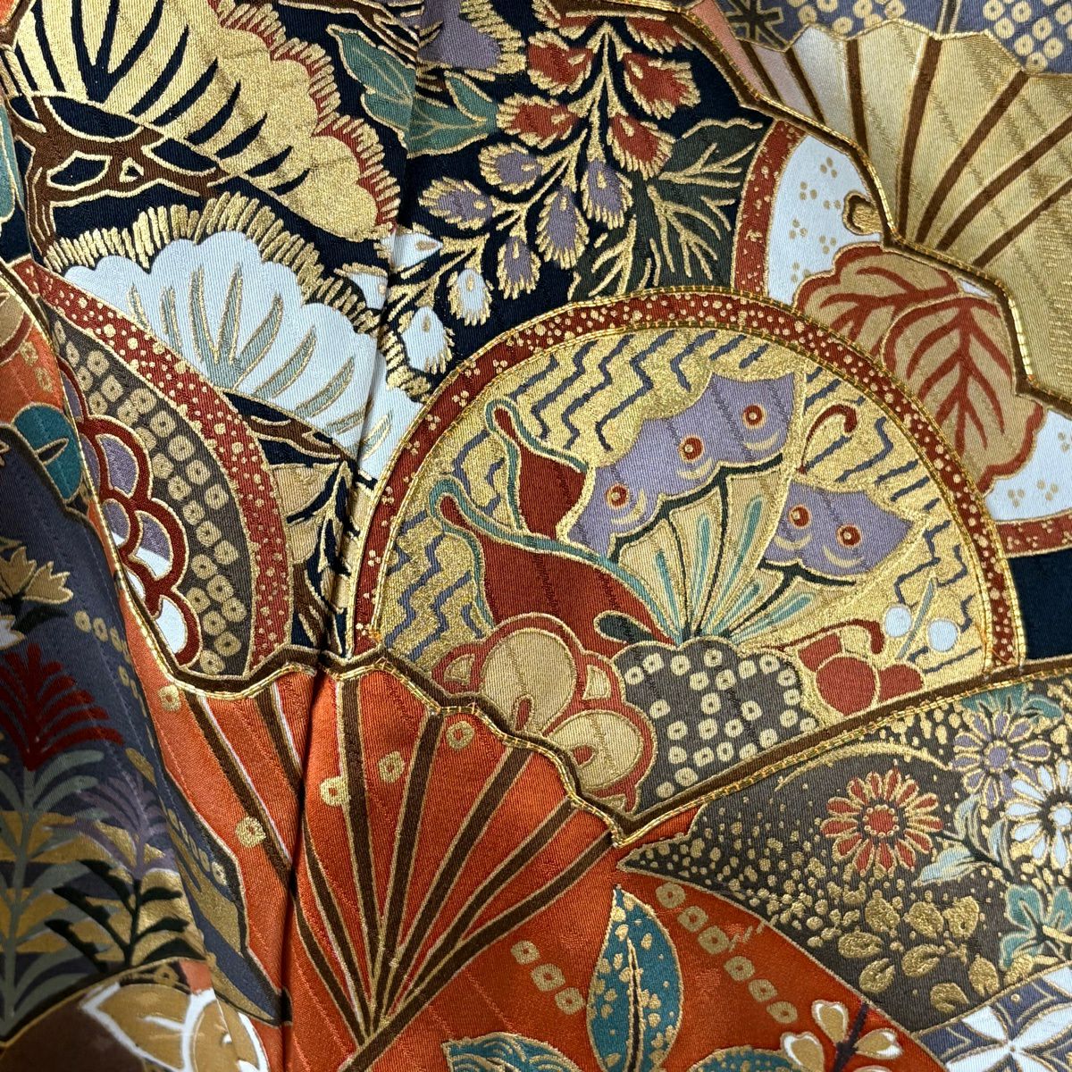 【美品】振袖禮服 身長161cm 袖長66cm M 雙層 袋帶全套 扇子子 橘子 金絲 金銀彩 黃土 純蠶絲 優品級