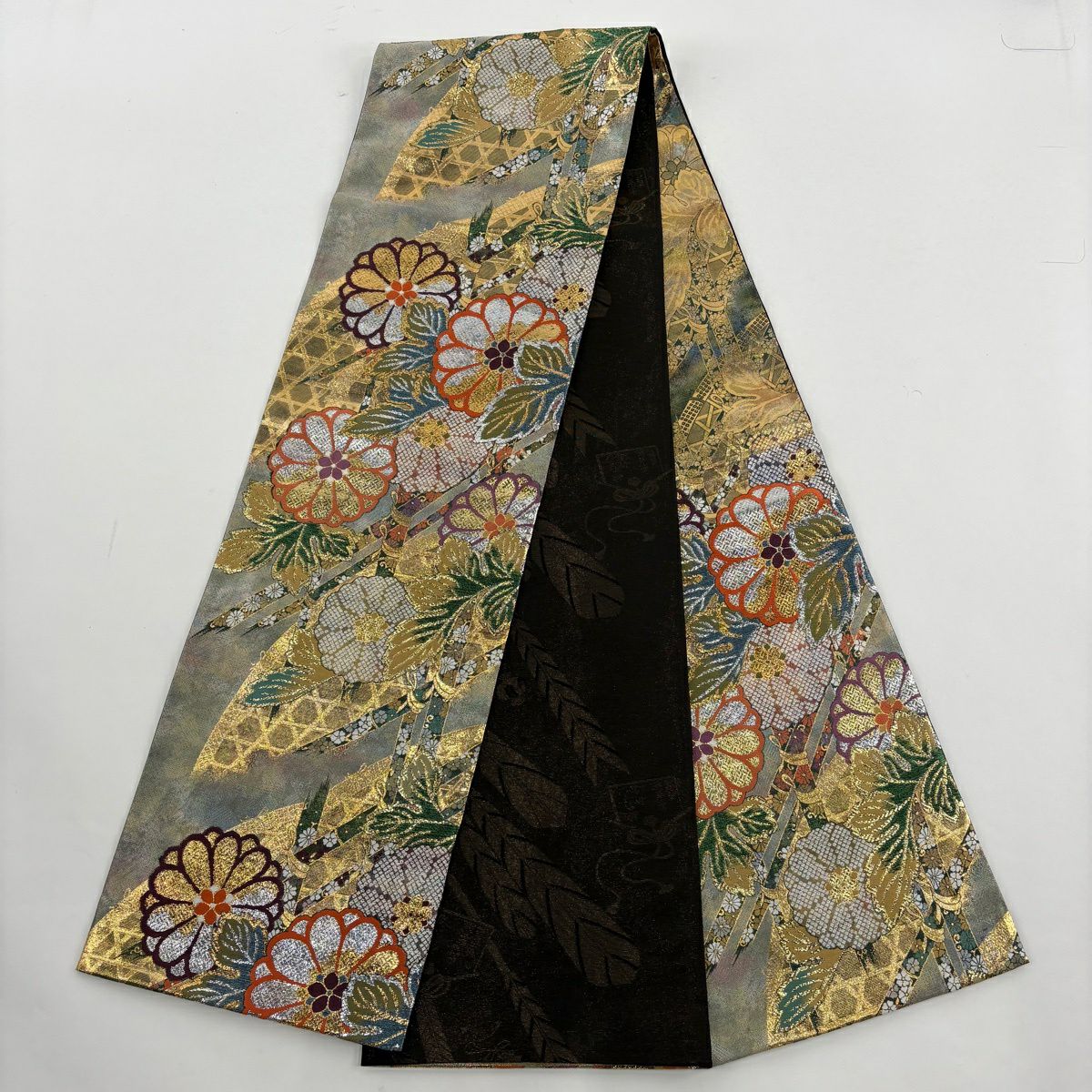 【美品】振袖禮服 身長161cm 袖長66cm M 雙層 袋帶全套 扇子子 橘子 金絲 金銀彩 黃土 純蠶絲 優品級