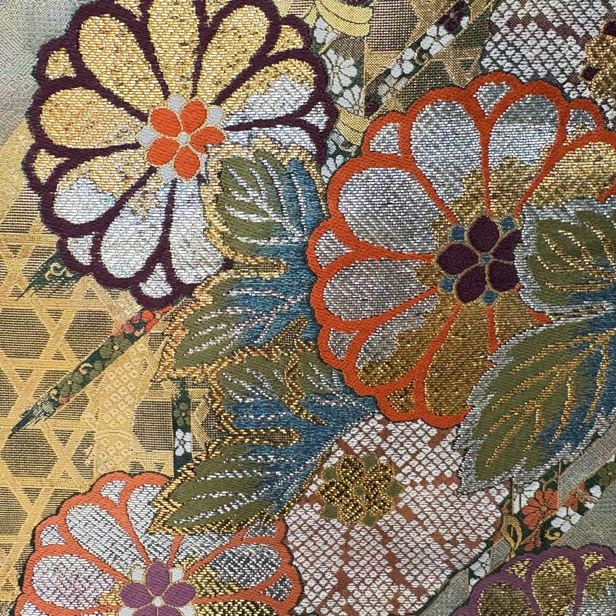 【美品】振袖禮服 身長161cm 袖長66cm M 雙層 袋帶全套 扇子子 橘子 金絲 金銀彩 黃土 純蠶絲 優品級