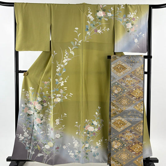 訪問服 身長160.5cm 袖長67.5cm L 雙層 袋帶套裝 枝花 草花紋紋 染分 逐漸變色 鶯色 純蠶絲 名品級