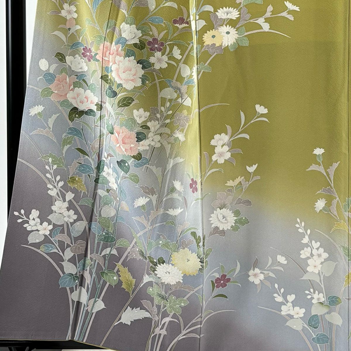 訪問服 身長160.5cm 袖長67.5cm L 雙層 袋帶套裝 枝花 草花紋紋 染分 逐漸變色 鶯色 純蠶絲 名品級