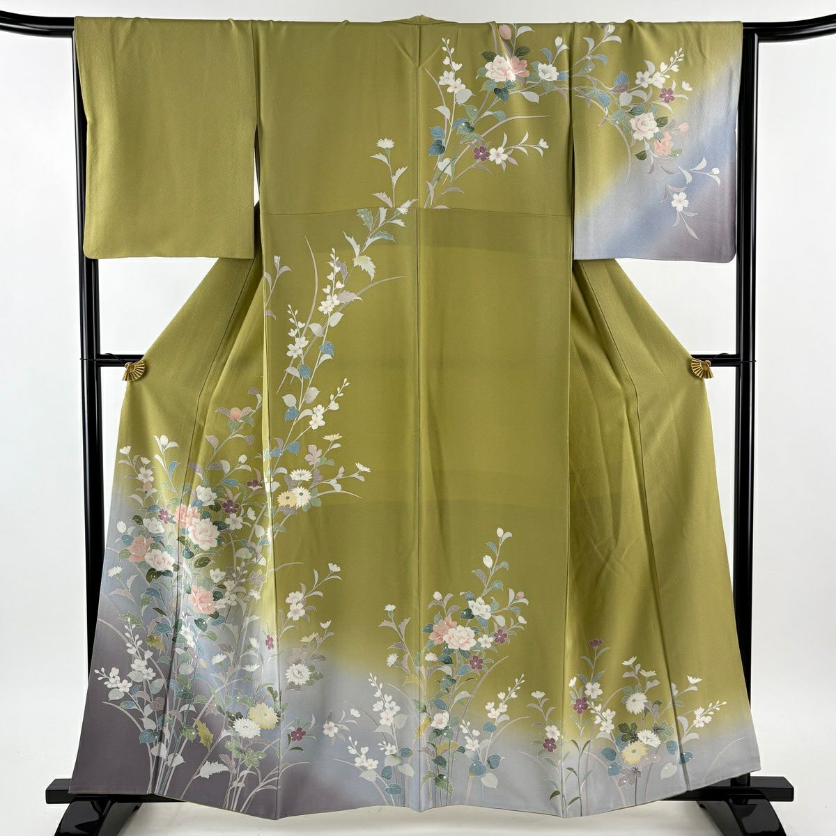 訪問服 身長160.5cm 袖長67.5cm L 雙層 袋帶套裝 枝花 草花紋紋 染分 逐漸變色 鶯色 純蠶絲 名品級