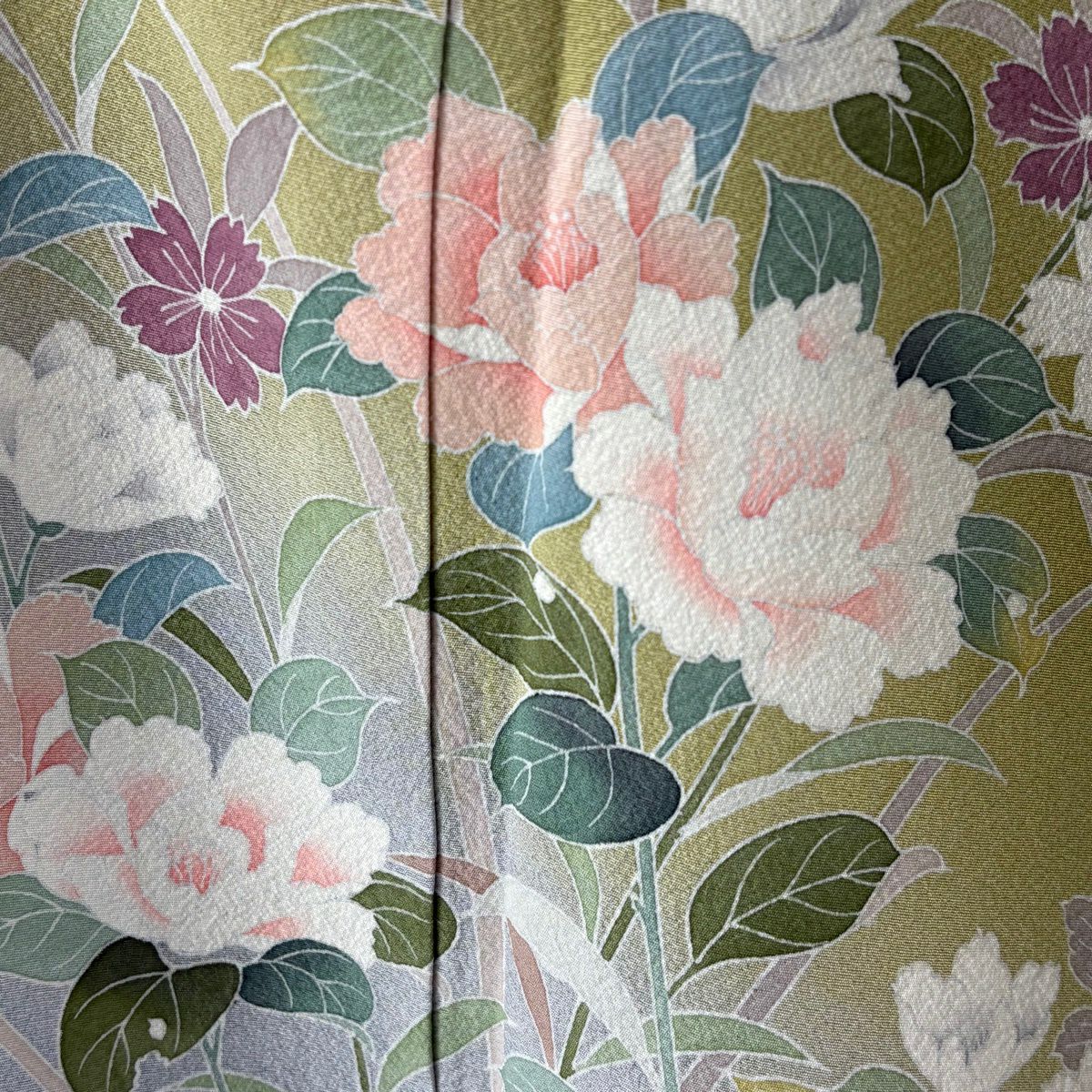 訪問服 身長160.5cm 袖長67.5cm L 雙層 袋帶套裝 枝花 草花紋紋 染分 逐漸變色 鶯色 純蠶絲 名品級