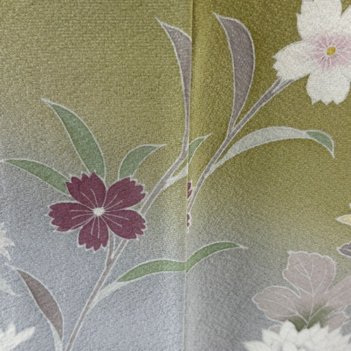 訪問服 身長160.5cm 袖長67.5cm L 雙層 袋帶套裝 枝花 草花紋紋 染分 逐漸變色 鶯色 純蠶絲 名品級