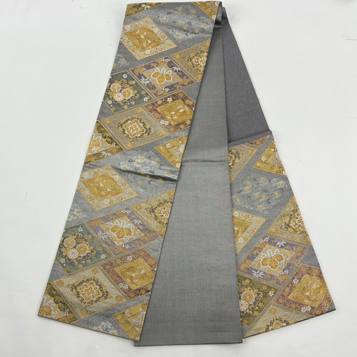 訪問服 身長160.5cm 袖長67.5cm L 雙層 袋帶套裝 枝花 草花紋紋 染分 逐漸變色 鶯色 純蠶絲 名品級