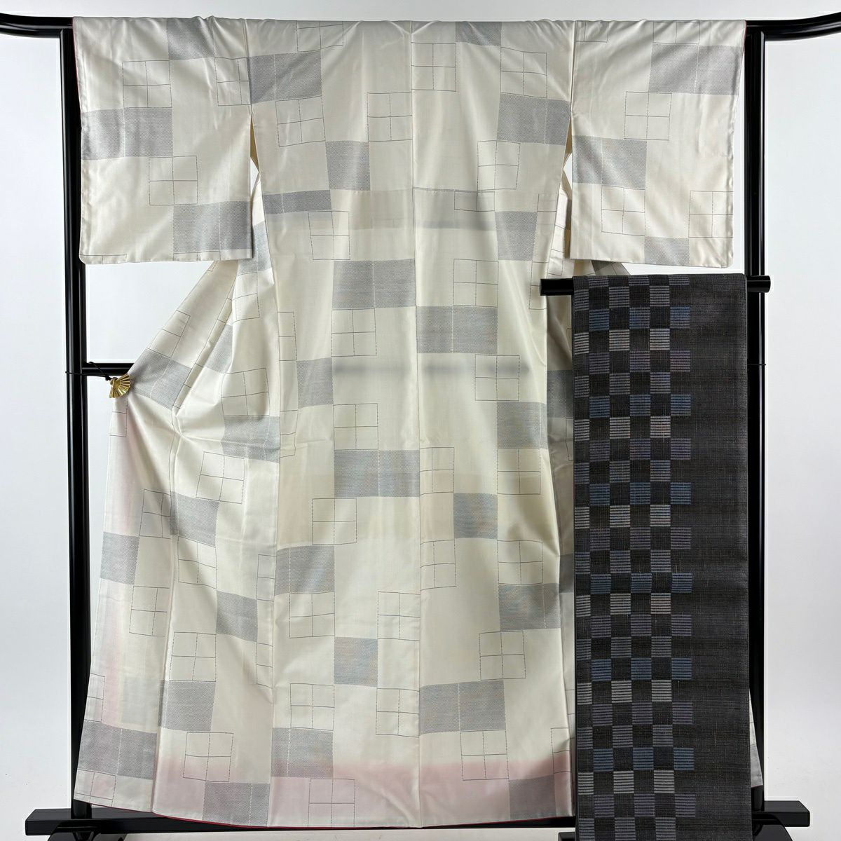 【美品】 大島紬織 身長160cm 袖長64.5cm M 雙層 袋帶套裝 證書齊全 幾何圖案＊ 奶油色 純蠶絲 名品級
