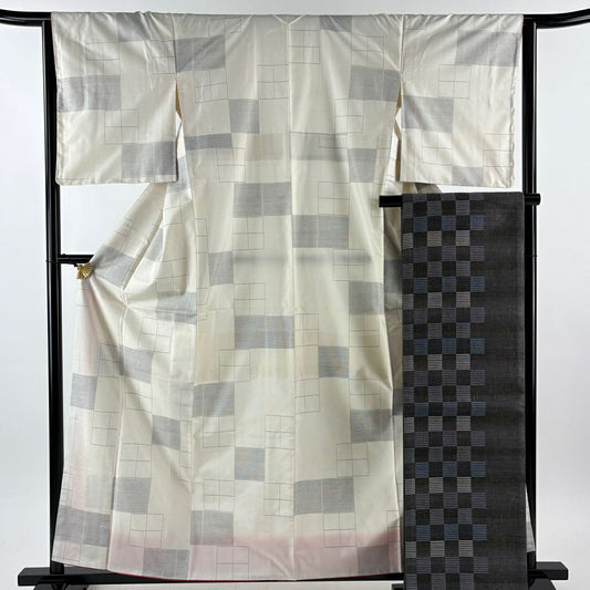 【美品】 大島紬織 身長160cm 袖長64.5cm M 雙層 袋帶套裝 證書齊全 幾何圖案＊ 奶油色 純蠶絲 名品級
