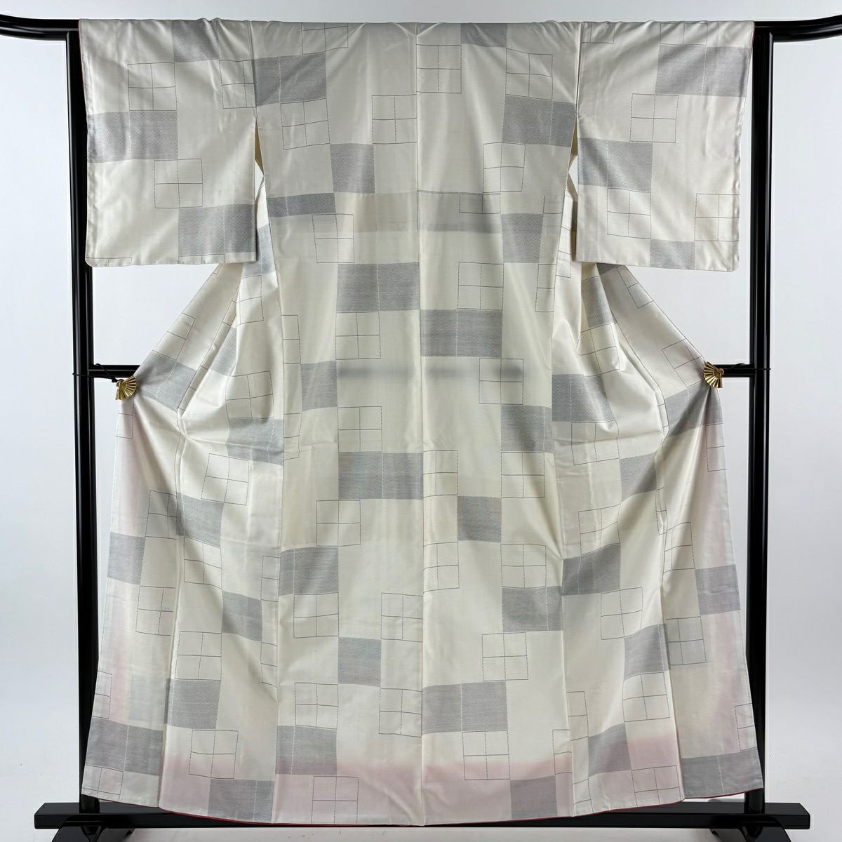 【美品】 大島紬織 身長160cm 袖長64.5cm M 雙層 袋帶套裝 證書齊全 幾何圖案＊ 奶油色 純蠶絲 名品級