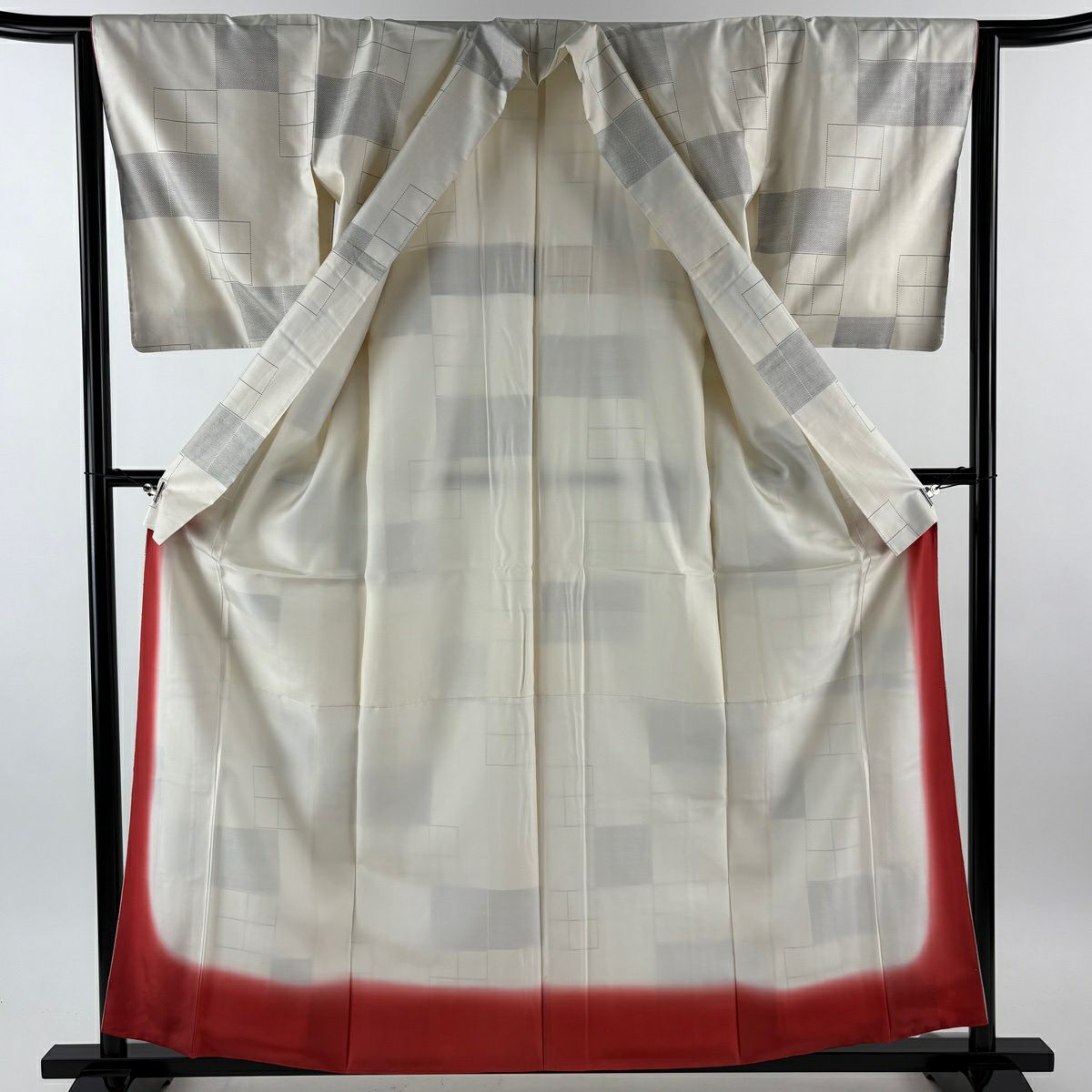 【美品】 大島紬織 身長160cm 袖長64.5cm M 雙層 袋帶套裝 證書齊全 幾何圖案＊ 奶油色 純蠶絲 名品級