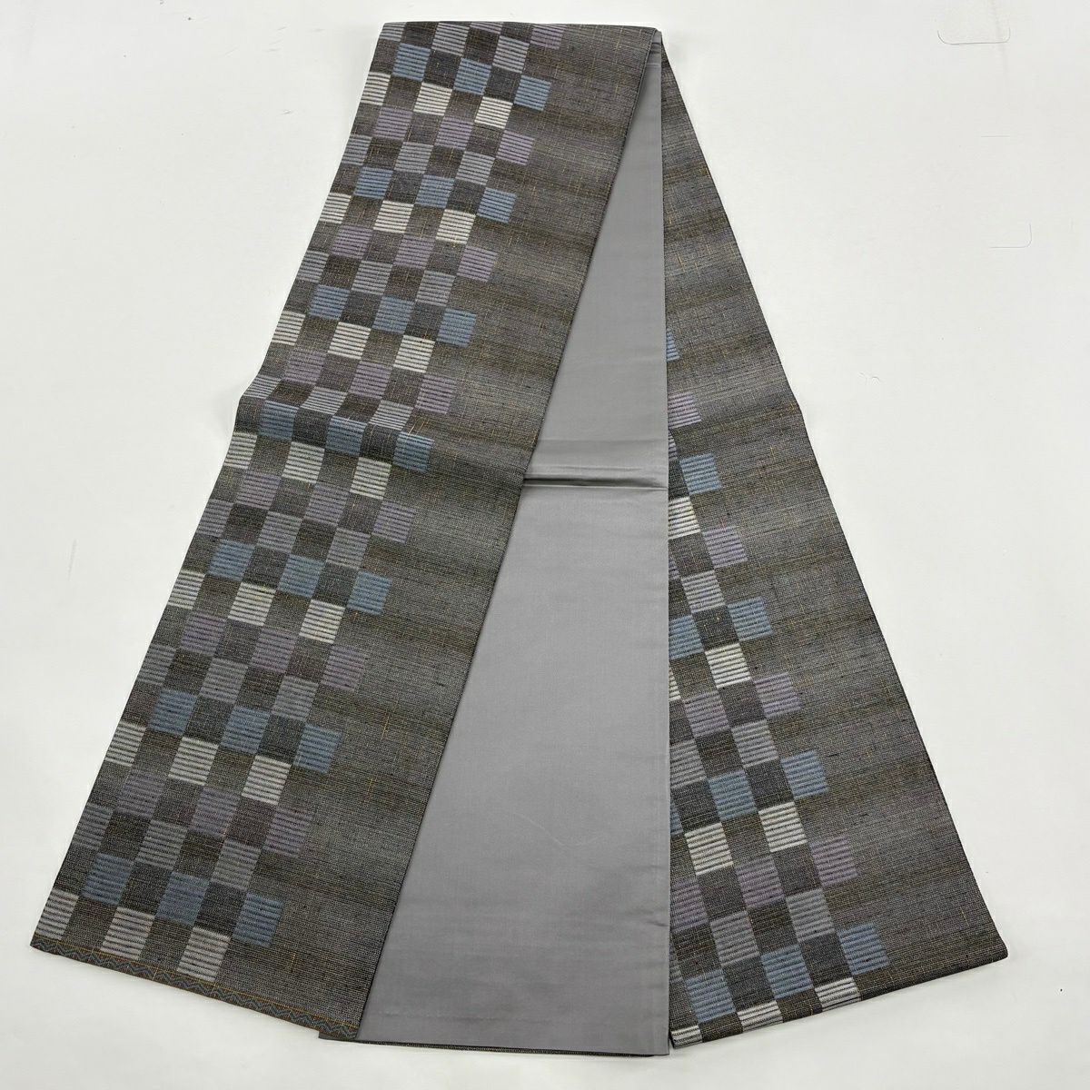 【美品】 大島紬織 身長160cm 袖長64.5cm M 雙層 袋帶套裝 證書齊全 幾何圖案＊ 奶油色 純蠶絲 名品級