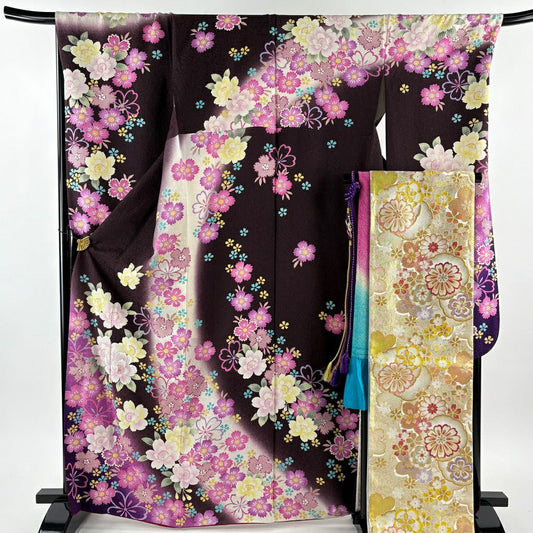【美品】振袖禮服 身長167cm 袖長71.5cm L 雙層 袋帶全套 樱花 草花紋紋 金銀彩 刺繡 茶紫 純蠶絲 名品級