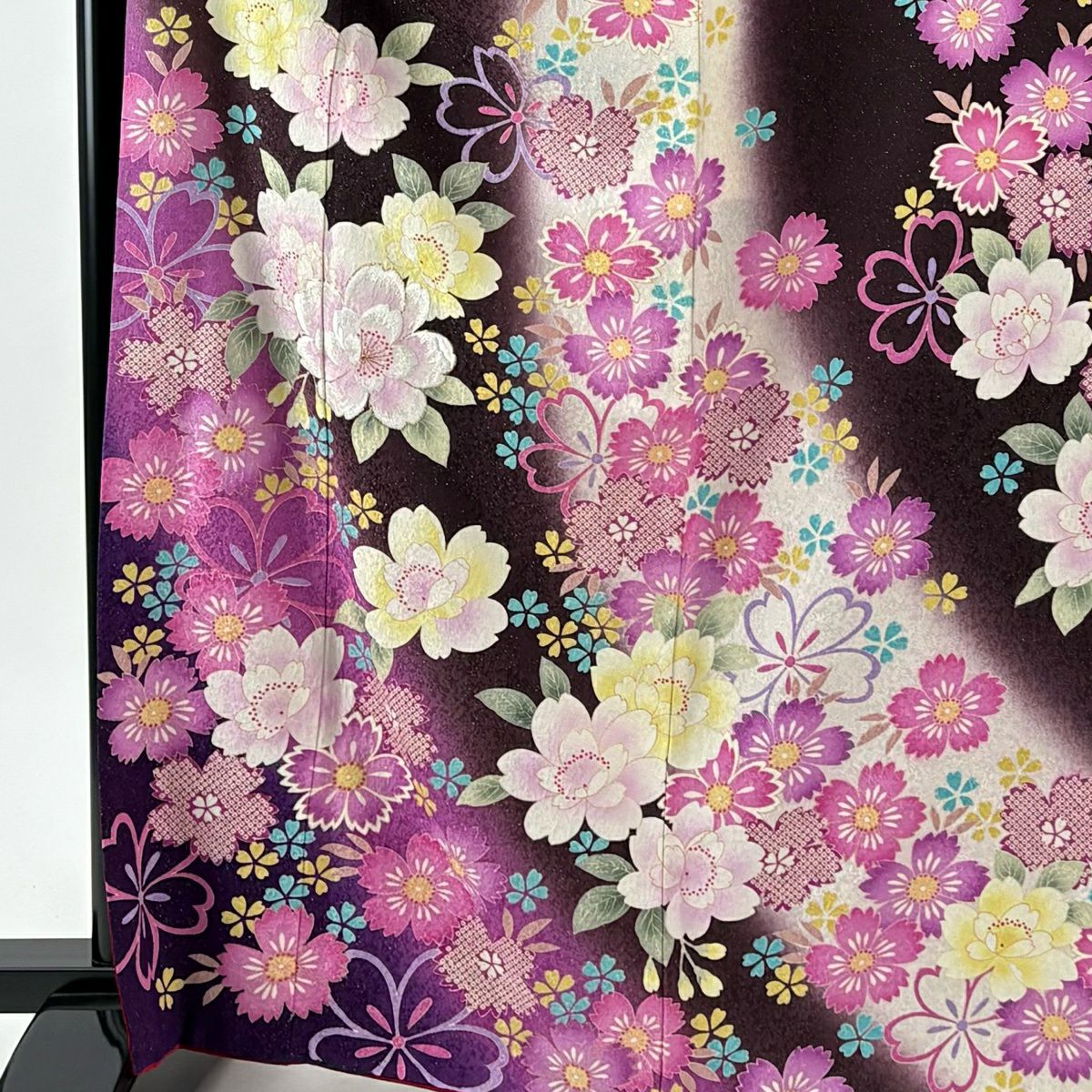 【美品】振袖禮服 身長167cm 袖長71.5cm L 雙層 袋帶全套 樱花 草花紋紋 金銀彩 刺繡 茶紫 純蠶絲 名品級