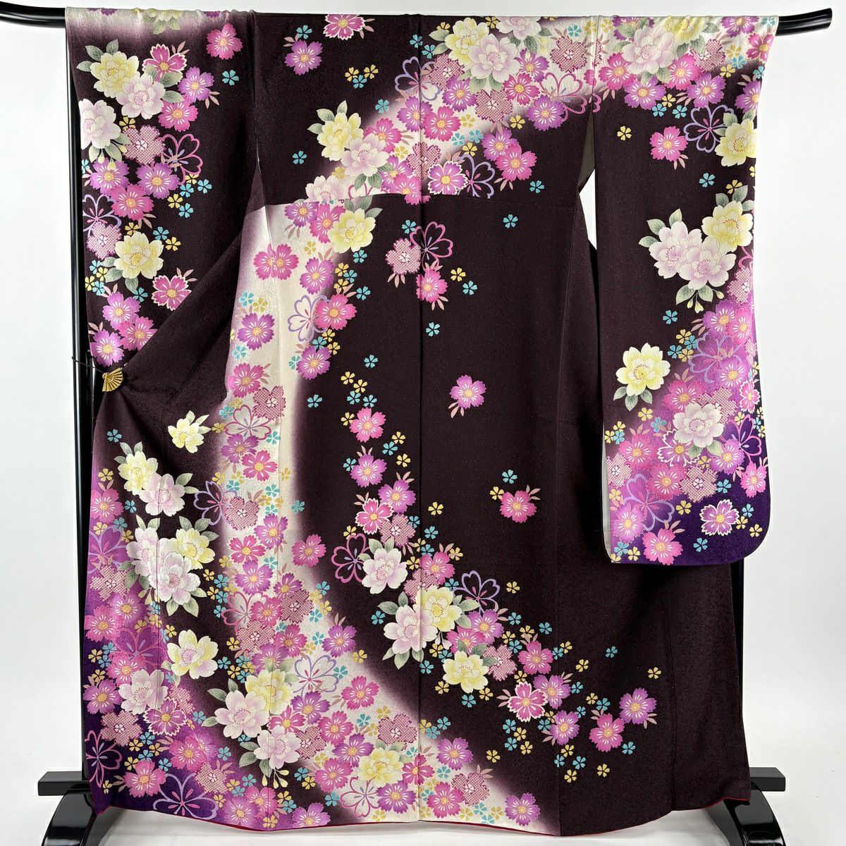 【美品】振袖禮服 身長167cm 袖長71.5cm L 雙層 袋帶全套 樱花 草花紋紋 金銀彩 刺繡 茶紫 純蠶絲 名品級