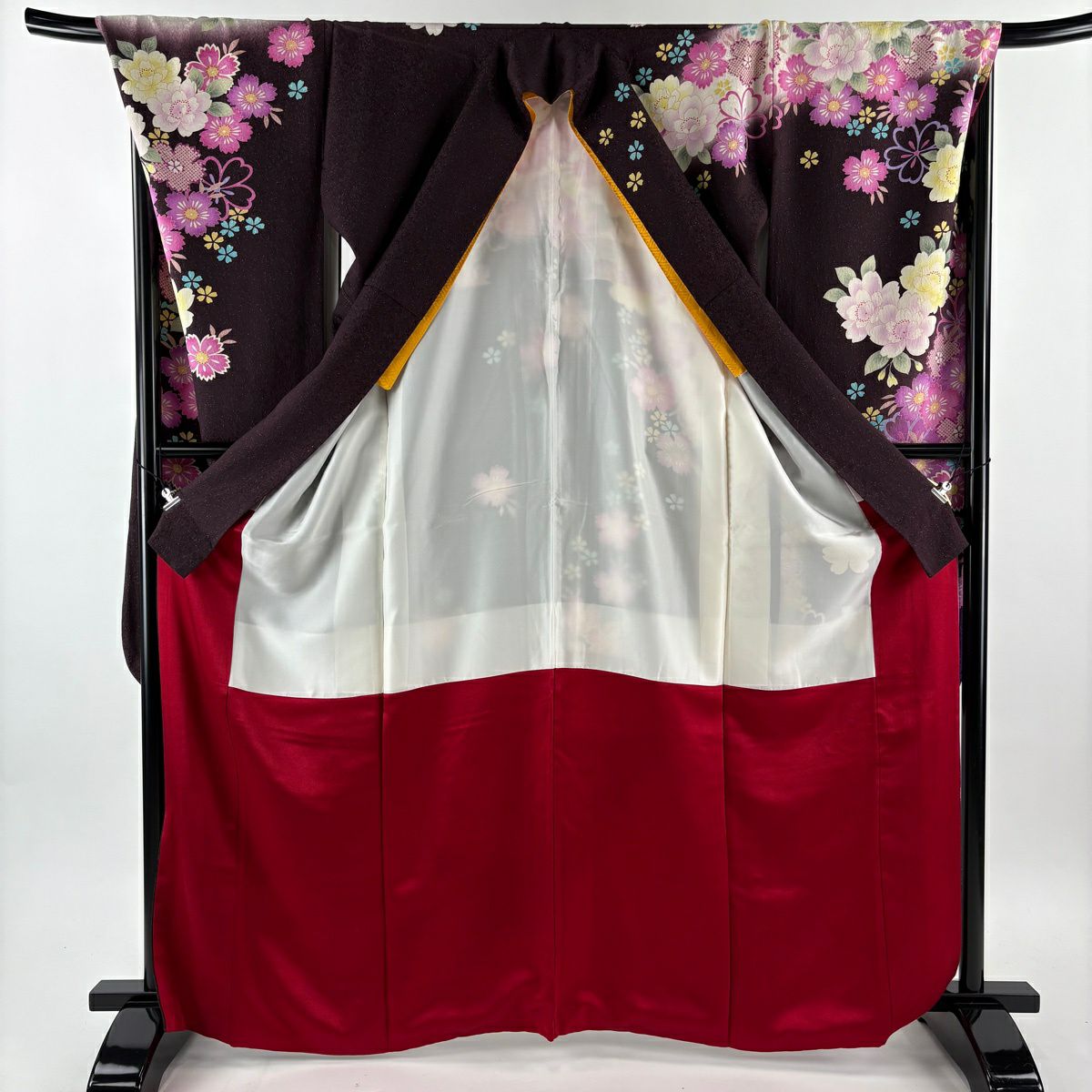 【美品】振袖禮服 身長167cm 袖長71.5cm L 雙層 袋帶全套 樱花 草花紋紋 金銀彩 刺繡 茶紫 純蠶絲 名品級