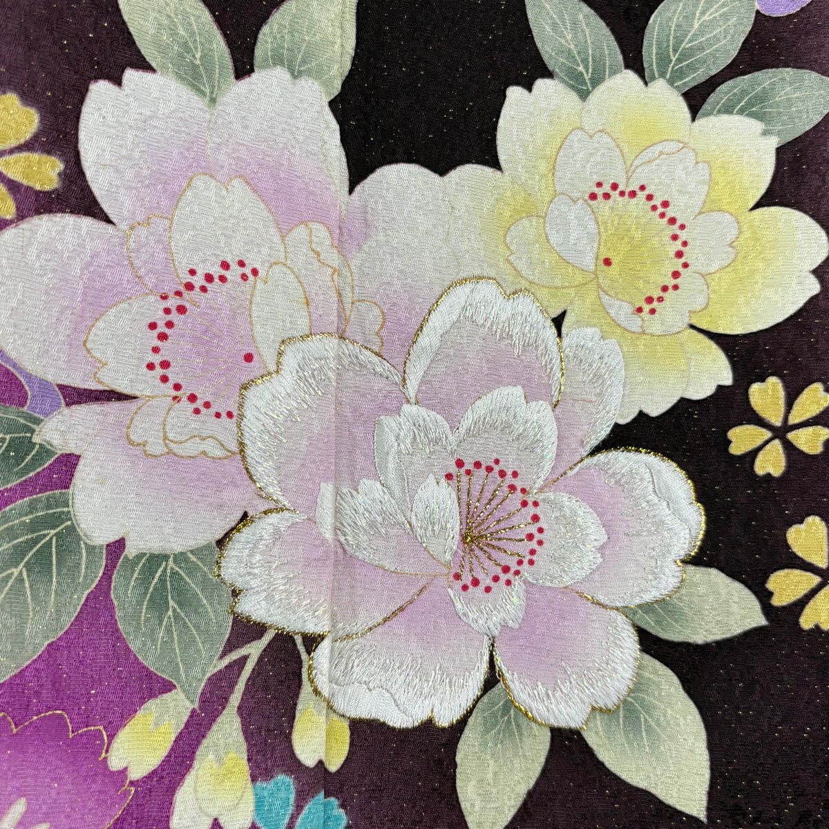 【美品】振袖禮服 身長167cm 袖長71.5cm L 雙層 袋帶全套 樱花 草花紋紋 金銀彩 刺繡 茶紫 純蠶絲 名品級