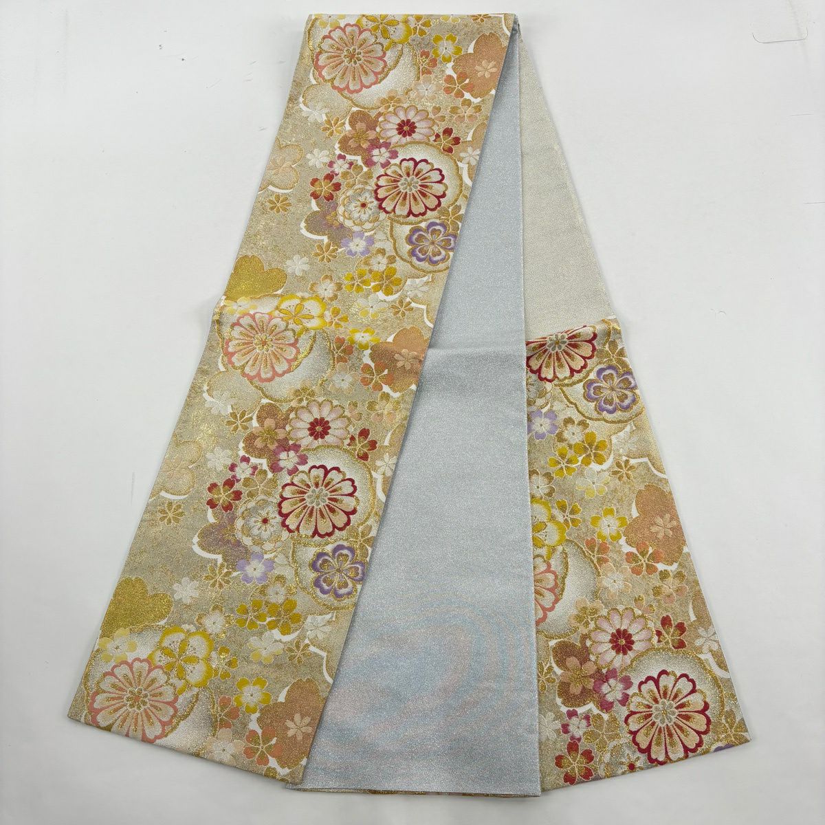 【美品】振袖禮服 身長167cm 袖長71.5cm L 雙層 袋帶全套 樱花 草花紋紋 金銀彩 刺繡 茶紫 純蠶絲 名品級