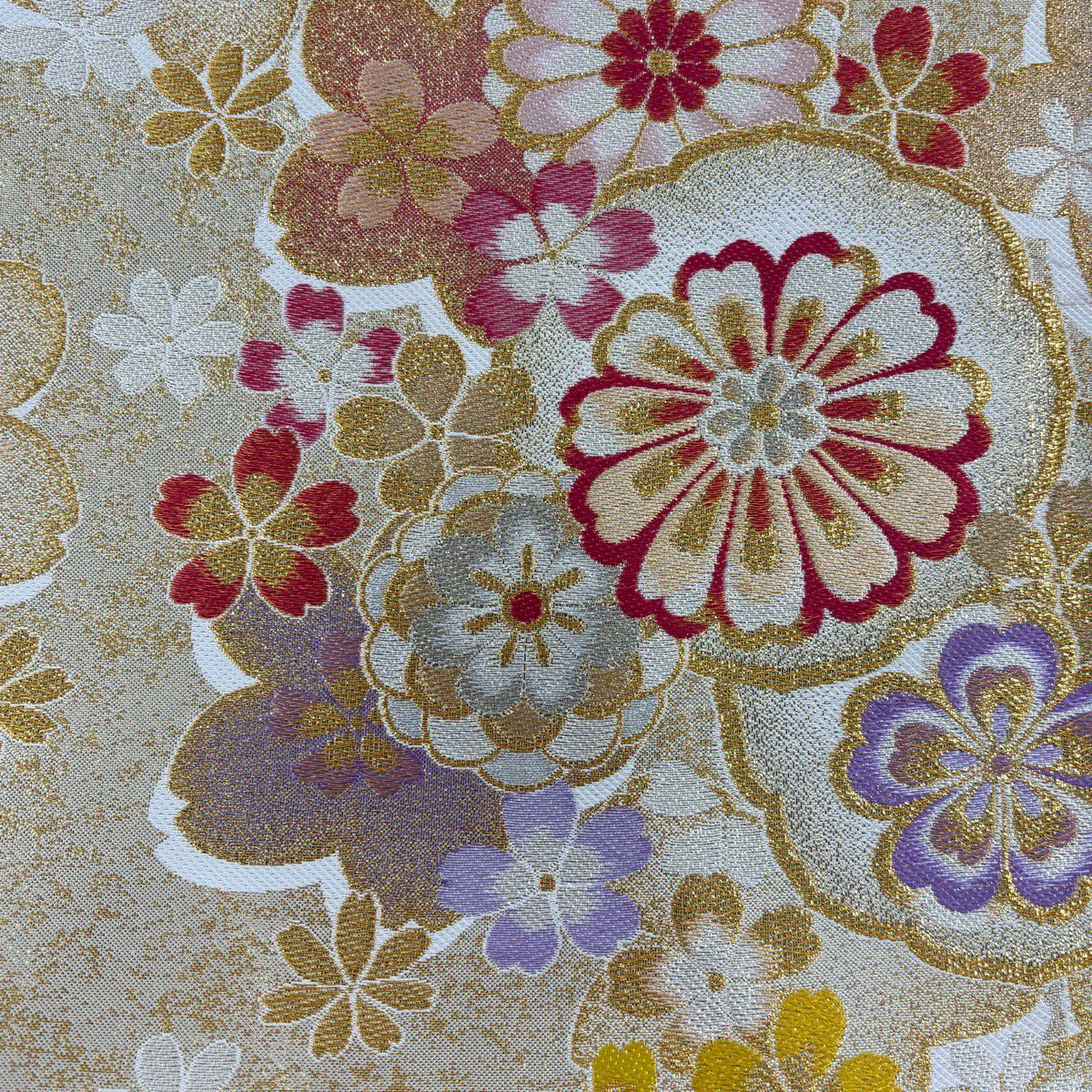【美品】振袖禮服 身長167cm 袖長71.5cm L 雙層 袋帶全套 樱花 草花紋紋 金銀彩 刺繡 茶紫 純蠶絲 名品級