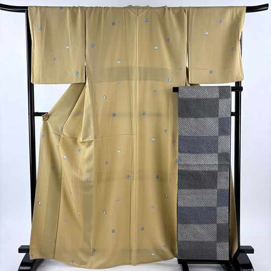 【美品】 小紋 身長167.5cm 袖長69cm L 雙層 袋帶套裝 兔子 葉子圖案 淺黃 純蠶絲 優品級