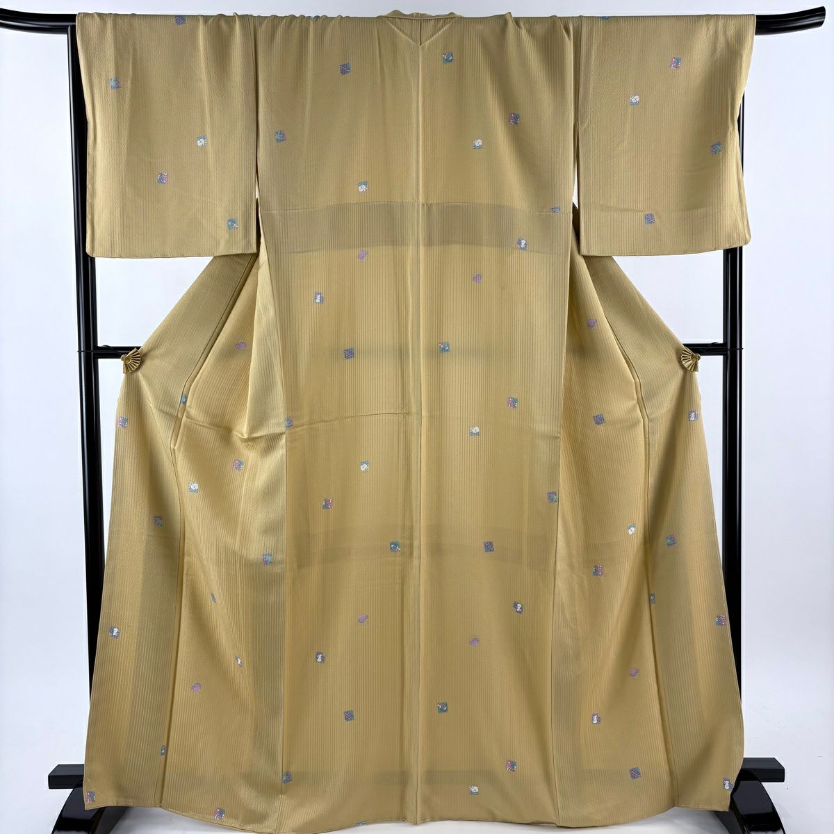 【美品】 小紋 身長167.5cm 袖長69cm L 雙層 袋帶套裝 兔子 葉子圖案 淺黃 純蠶絲 優品級