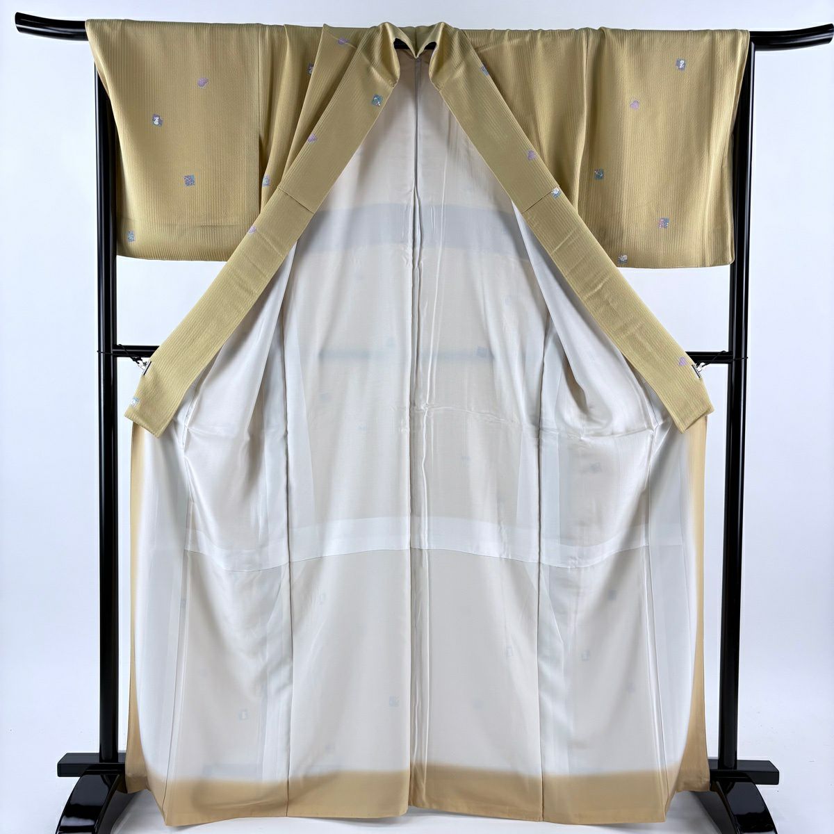 【美品】 小紋 身長167.5cm 袖長69cm L 雙層 袋帶套裝 兔子 葉子圖案 淺黃 純蠶絲 優品級