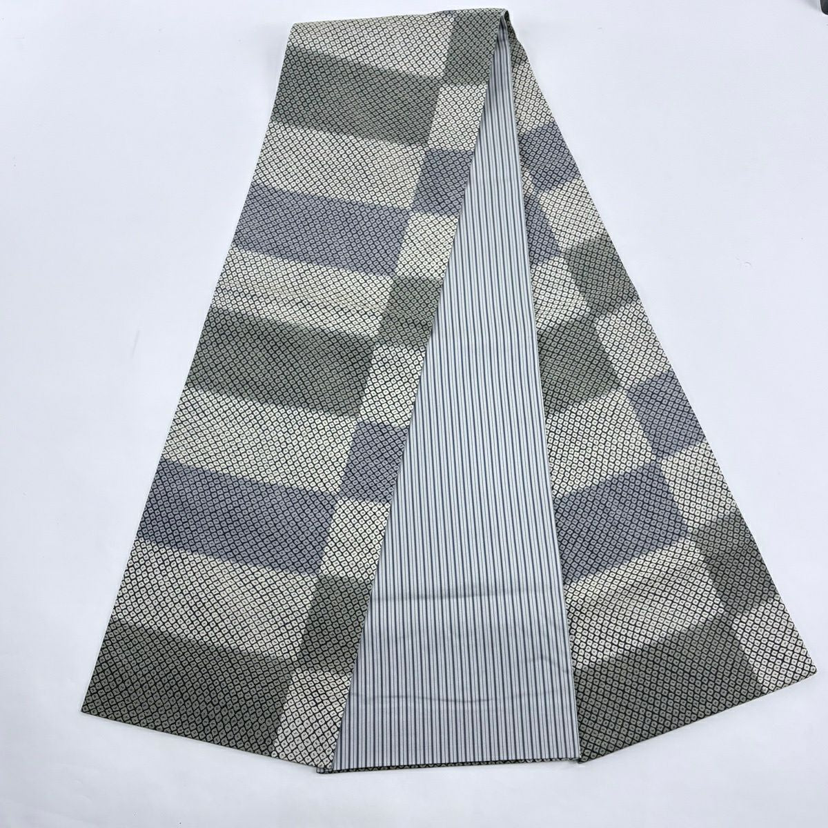【美品】 小紋 身長167.5cm 袖長69cm L 雙層 袋帶套裝 兔子 葉子圖案 淺黃 純蠶絲 優品級