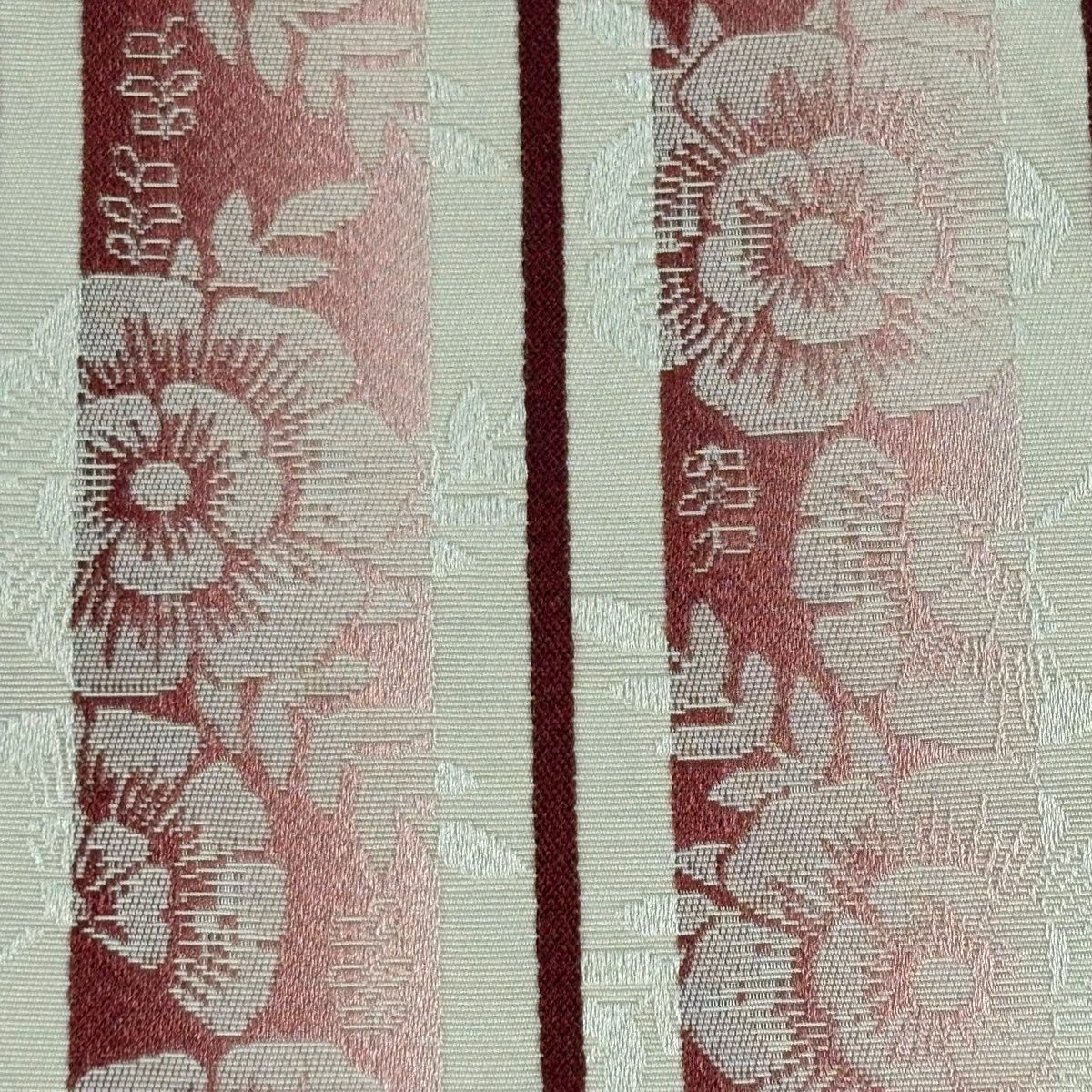 【美品】半幅帶 優品級 草花紋紋 縞 灰白 化纖