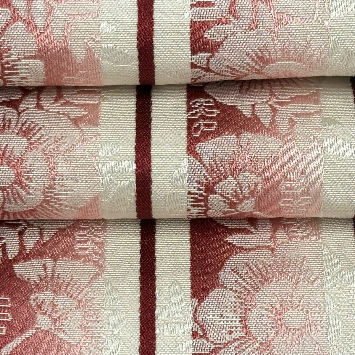 【美品】半幅帶 優品級 草花紋紋 縞 灰白 化纖