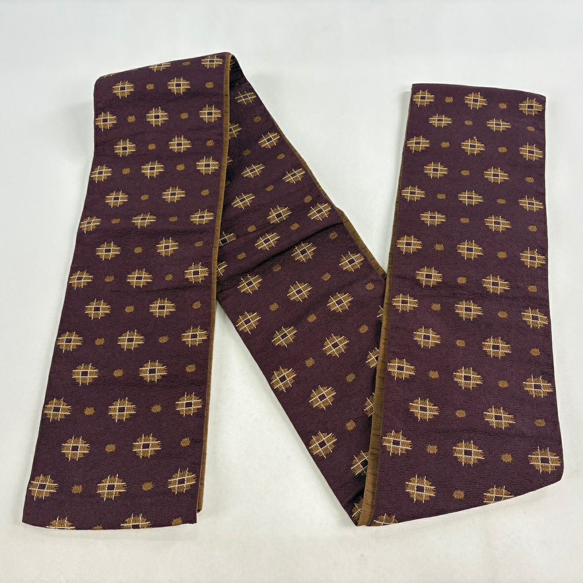 【美品】半幅帶 優品級 井桁 幾何學 小豆 茶 化纖