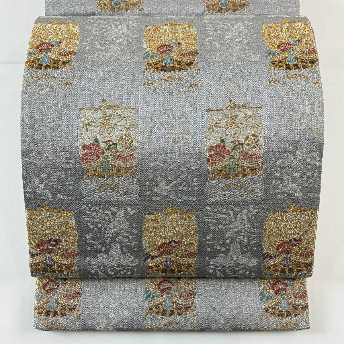袋帶 名品級 寶船 仙鶴 金銀絲 刺繡 灰 深藍 六通 純蠶絲