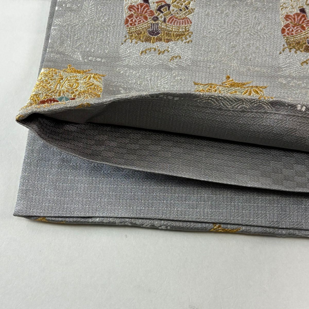 袋帶 名品級 寶船 仙鶴 金銀絲 刺繡 灰 深藍 六通 純蠶絲