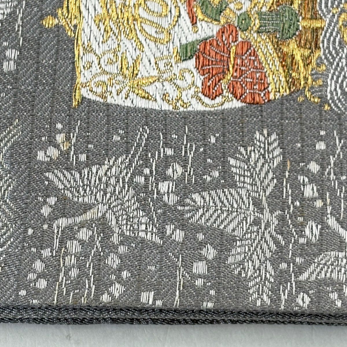 袋帶 名品級 寶船 仙鶴 金銀絲 刺繡 灰 深藍 六通 純蠶絲